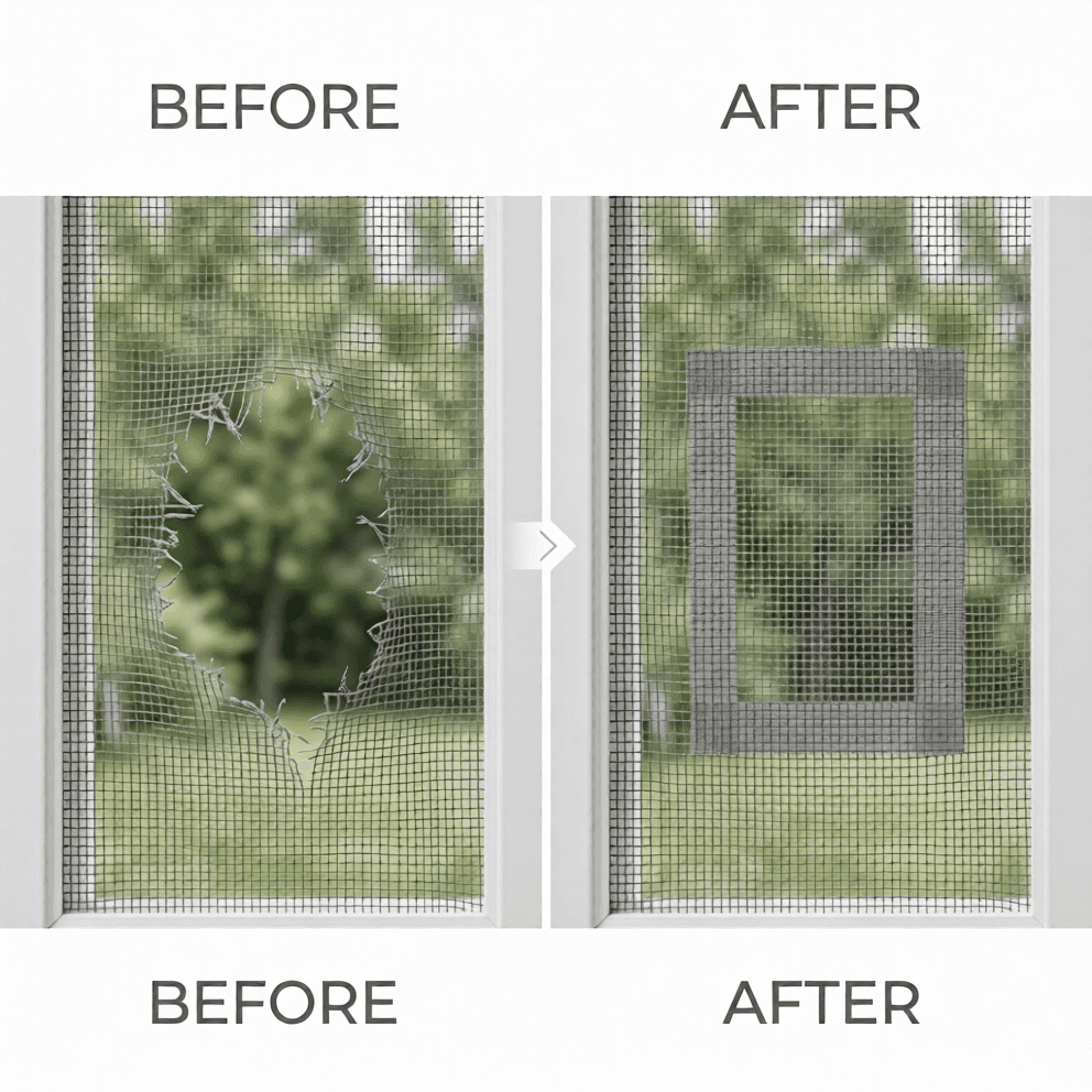 Before and after mosquito net repair